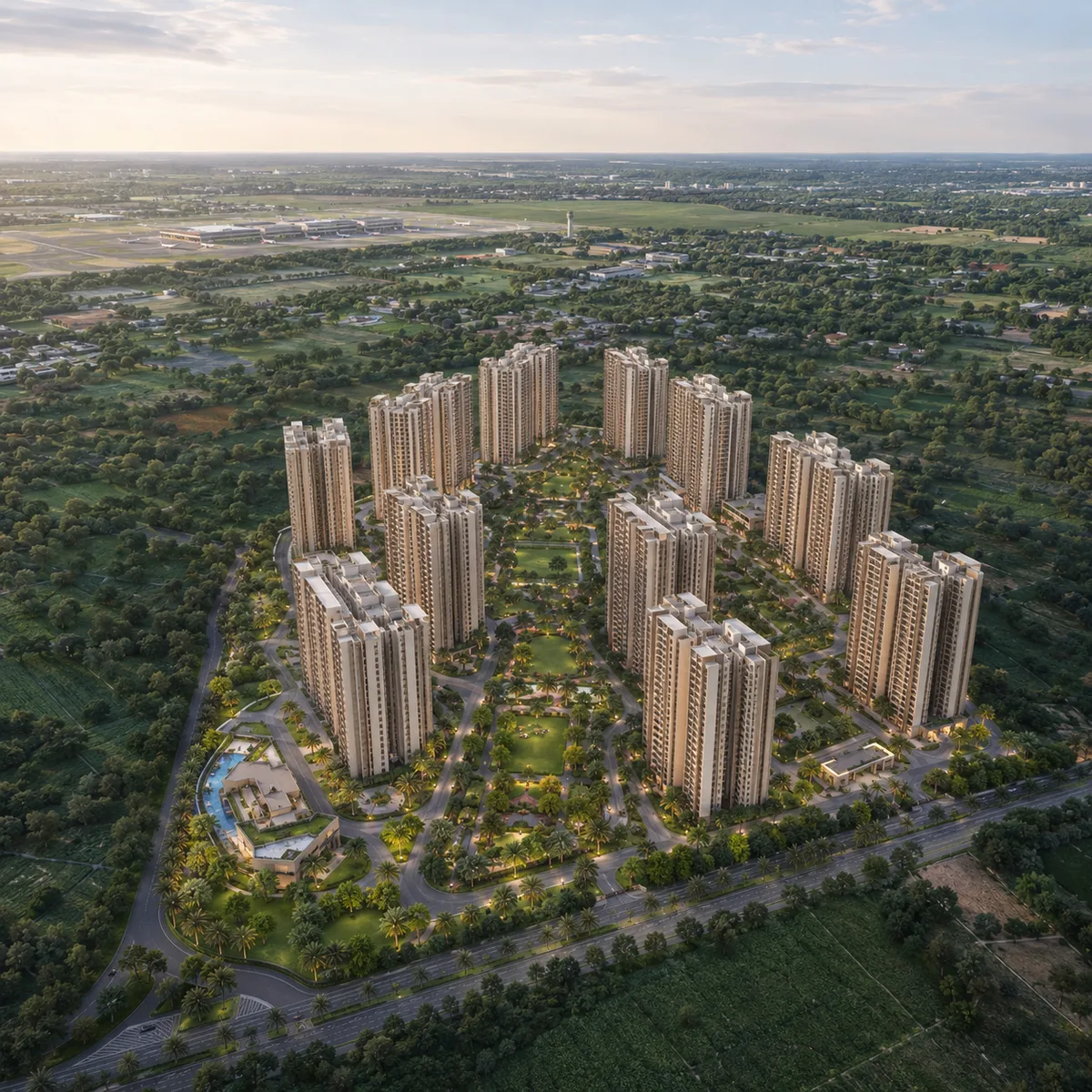 Godrej MSR City — Phase 3 aerial view of the 15-tower G+15 skyline within the 62-acre township at Shettigere, Devanahalli