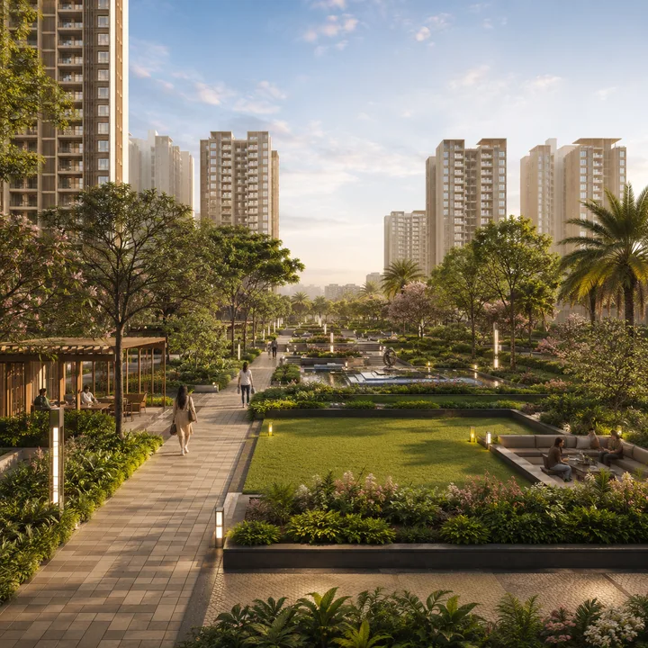 Godrej MSR City — Phase 3 central landscaped green spine with walkways and seating courts threading between the towers