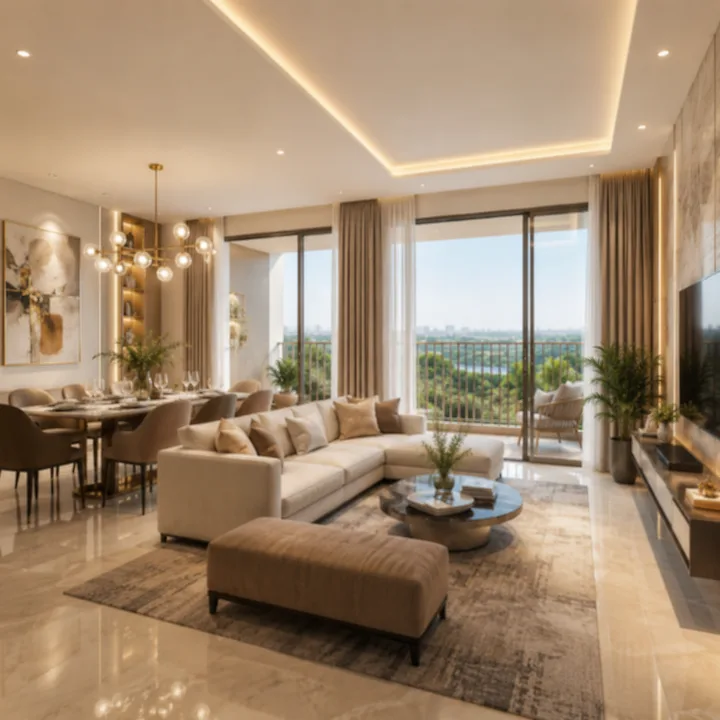 Godrej MSR City — Phase 3 representative 3 BHK living-dining interior with balcony aspect and corridor views