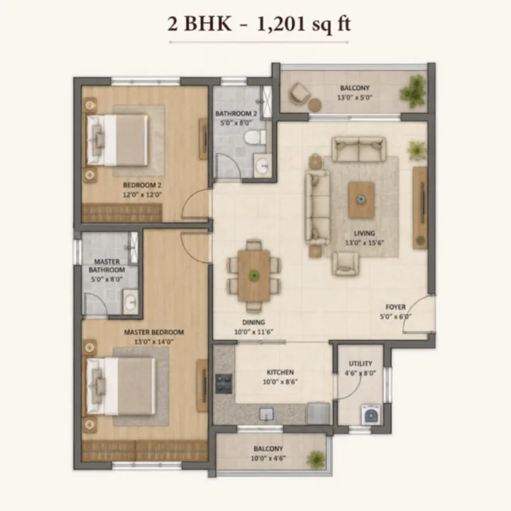 Godrej MSR City — Phase 3 2 BHK 1,201 sq ft floor plan layout Godrej MSR City — Phase 3 2 BHK 1,201 sq ft floor plan layout