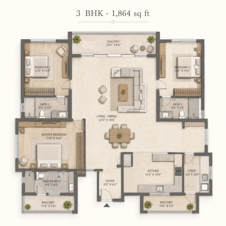 Godrej MSR City — Phase 3 3 BHK 1,864 sq ft floor plan layout Godrej MSR City — Phase 3 3 BHK 1,864 sq ft floor plan layout
